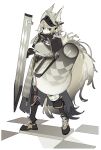  :t absurdres animal_ears arknights armor ashlock_(arknights) checkered checkered_floor commentary full_body grey_eyes grey_hair hat highres holding holding_polearm holding_shield holding_weapon lance moa_(fade64222) polearm shield simple_background symbol-only_commentary tagme tail weapon white_background 