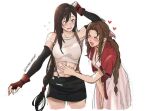  2girls aerith_gainsborough black_hair black_skirt blood blush brown_hair closed_eyes dreamsyndd english_commentary final_fantasy final_fantasy_vii flying_sweatdrops hand_on_another&#039;s_stomach heart highres looking_at_another multiple_girls nosebleed open_mouth parted_lips simple_background skirt tifa_lockhart white_background yuri 