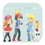  +_+ 2boys 2girls akasaka_(qv92612) ash_ketchum bangs bare_arms baseball_cap bike_shorts black_hair blonde_hair blue_eyes blue_jacket bonnie_(pokemon) bow bright_pupils brother_and_sister brown_eyes brown_shirt clemont_(pokemon) collared_shirt commentary_request dedenne fingerless_gloves glasses gloves grey_eyes hat hat_bow hat_ribbon index_finger_raised jacket jumpsuit multiple_boys multiple_girls on_head pants pigeon-toed pikachu pink_footwear pink_headwear pleated_skirt poke_ball_symbol pokemon pokemon_(anime) pokemon_(creature) pokemon_on_head pokemon_xy_(anime) red_footwear red_headwear red_skirt ribbon serena_(pokemon) shirt shoes short_sleeves siblings skirt sleeveless sleeveless_shirt standing thigh-highs white_pupils white_skirt 