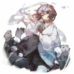  1girl arknights brown_eyes brown_hair brown_overalls coat hair_between_eyes holding holding_brush looking_at_viewer makeup_brush open_clothes open_coat roberta_(arknights) shirt short_hair simple_background smile solo split_mouth uhzoay white_background white_coat white_shirt 