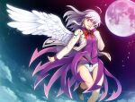  1girl ass_visible_through_thighs black_footwear boots braid chima_q clouds commentary_request crown_braid feathered_wings floating full_moon hand_on_own_face highres jacket kishin_sagume long_hair long_sleeves looking_at_viewer moon night night_sky panties purple_shirt purple_skirt shirt single_wing skirt sky solo thigh_gap touhou underwear violet_eyes white_hair white_jacket white_panties white_wings wings 
