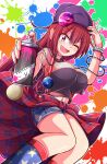  1girl alternate_costume aospanking black_shirt breasts hecatia_lapislazuli highres large_breasts off-shoulder_shirt off_shoulder polos_crown red_eyes redhead shirt solo spray_can t-shirt touhou touhou_lost_word 