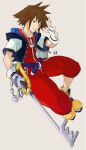  1boy blue_eyes brown_hair fingerless_gloves gloves jewelry keyblade kingdom_hearts looking_at_viewer male_focus necklace open_mouth sakuremi short_hair smile solo sora_(kingdom_hearts) spiky_hair super_smash_bros. 