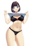  1girl bangs black_bra black_panties blue_eyes blueorca blush bra breasts brown_hair clothes_lift commentary eyebrows_visible_through_hair highres large_breasts lifted_by_self lips looking_at_viewer medium_hair midriff navel original panties shirt shirt_lift smile solo thick_thighs thighs underwear white_background white_shirt 