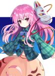  1girl :o absurdres blue_bow blue_neckwear blue_skirt bow bubble_skirt circle cowboy_shot expressionless fox_mask hata_no_kokoro highres long_hair mask mask_on_head navel partially_unbuttoned pink_eyes pink_hair plaid plaid_shirt shirt skirt touhou triangle yuujin_(yuzinn333) 