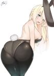  1girl alternate_costume animal_ears ass ayuman black_legwear black_leotard blonde_hair blue_eyes braid commentary_request commission cowboy_shot crown_braid french_braid from_behind highres kantai_collection leaning_forward leotard long_hair looking_at_viewer looking_back pantyhose playboy_bunny rabbit_ears rabbit_tail simple_background solo standing strapless strapless_leotard tail translation_request warspite_(kancolle) white_background wrist_cuffs 