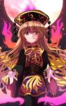  1girl \||/ aura bangs blonde_hair blush brown_sash chinese_clothes closed_mouth energy eyebrows_visible_through_hair eyes_visible_through_hair fox_print fox_tail full_body gold_trim hair_between_eyes junko_(touhou) long_hair long_sleeves looking_at_viewer multiple_tails night one-hour_drawing_challenge oudondk outstretched_arms phoenix_crown red_background simple_background sitting smile solo standing tabard tail tassel touhou wide_sleeves yellow_eyes yellow_neckwear 