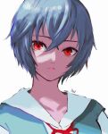  1girl ayanami_rei bangs beebee1120 blue_hair closed_mouth hair_between_eyes highres looking_at_viewer neck_ribbon neon_genesis_evangelion portrait red_eyes red_ribbon ribbon sailor_collar shiny shiny_hair short_hair simple_background sketch solo white_background white_sailor_collar 