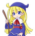  1girl blonde_hair blue_eyes blush_stickers broom closed_mouth eyebrows_visible_through_hair holding holding_broom long_hair long_sleeves looking_at_viewer puyopuyo smile solo takazaki_piko witch_(puyopuyo) 