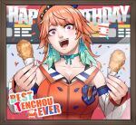  1girl bangs chicken_(food) chicken_leg earrings exaxuxer feather_earrings feathers food food_focus fried_chicken gradient_hair happy_birthday hat highres holding hololive hololive_english jewelry looking_at_viewer multicolored_hair open_mouth orange_hair smile takanashi_kiara violet_eyes virtual_youtuber 