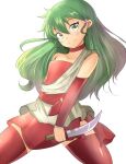 1girl ahoge aru_(arudes) choker closed_mouth deltora_quest flat_chest green_eyes green_hair jasmine_(deltora_quest) knife long_hair looking_at_viewer simple_background skirt smile solo thigh-highs white_background 