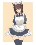  1girl alternate_costume apron black_dress black_hair black_legwear border cowboy_shot dress enmaided green_eyes hatsuzuki_(kancolle) highres kantai_collection maid maid_apron maid_headdress mochizou pointy_hair puffy_short_sleeves puffy_sleeves short_hair short_sleeves solo thigh-highs white_apron white_border 