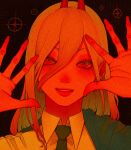  1girl blonde_hair chainsaw_man collared_shirt cross-shaped_pupils hair_between_eyes highres horns jacket light_smile long_hair looking_at_viewer necktie orange_theme parted_lips power_(chainsaw_man) red_horns shekisheki15 shirt solo symbol-shaped_pupils yellow_eyes 