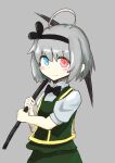  1girl bangs black_bow black_hairband black_neckwear black_ribbon blue_eyes blush blush_stickers bow bowtie closed_mouth collared_shirt commentary cookie_(touhou) cowboy_shot eyebrows_visible_through_hair green_skirt green_vest grey_background grey_hair hair_between_eyes hair_ribbon hairband heterochromia highres holding holding_pickaxe konpaku_youmu looking_at_viewer mi_zu_to_ra pickaxe red_eyes ribbon shirt short_hair short_sleeves simple_background skirt skirt_set smile solo touhou vest white_shirt zerukalo_(cookie) 