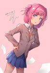  1girl absurdres arms_behind_back blue_skirt blush cellphone dargo doki_doki_literature_club from_below hair_intakes hair_ornament hand_on_hip highres holding looking_at_viewer natsuki_(doki_doki_literature_club) neck_ribbon open_mouth phone pink_hair pleated_skirt purple_eyes ribbon school_uniform short_hair side_ponytail skirt smartphone tofumang twitter_username x_hair_ornament 