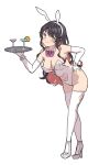  1girl alternate_costume animal_ears black_hair bow bowtie breasts cocktail_glass cup detached_collar drinking_glass elbow_gloves fake_animal_ears full_body gloves grey_legwear hairband hand_on_hip high_heels highres holding holding_tray kantai_collection leotard long_hair looking_at_viewer multicolored_hair naganami_(kancolle) pink_hair playboy_bunny rabbit_ears rabbit_tail satsuki_neko simple_background solo standing strapless tail thigh-highs tray two-tone_hair white_background white_gloves white_legwear 