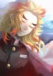  1boy absurdres black_jacket blonde_hair cape closed_eyes closed_mouth floating_hair highres honmou_(pixiv64700875) jacket kimetsu_no_yaiba long_hair male_focus multicolored_hair redhead rengoku_kyoujurou solo two-tone_hair upper_body white_cape 