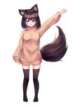  1girl absurdres animal_ear_fluff animal_ears bangs black_hair black_legwear breasts brown_sweater commentary extra_ears eyebrows_visible_through_hair fox_ears fox_girl fox_tail heterochromia highres long_sleeves looking_at_viewer no_shoes original puffy_long_sleeves puffy_sleeves red_eyes shiro_(acad1213) simple_background sleeves_past_wrists small_breasts solo standing sweater tail thigh-highs violet_eyes white_background 