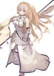  1girl absurdres armor armored_dress banner blonde_hair blue_eyes breasts chain fate/apocrypha fate/grand_order fate_(series) faulds flag fur-trimmed_legwear fur_trim gauntlets gorget headpiece highres holding holding_flag jeanne_d&#039;arc_(fate) jeanne_d&#039;arc_(fate/apocrypha) large_breasts long_hair plackart same_(sendai623) scabbard sheath sheathed simple_background smile solo standard_bearer sword thigh-highs very_long_hair weapon white_background 
