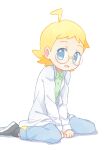  1boy ahoge akasaka_(qv92612) bangs blonde_hair buttons clemont_(pokemon) collared_shirt commentary_request glasses green_shirt grey_eyes labcoat long_sleeves looking_at_viewer male_focus open_mouth pants pokemon pokemon_(game) pokemon_xy shirt shoes sitting smile solo tongue white_background 