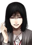  1girl :d bags_under_eyes black_hair collared_shirt grey_eyes grey_jacket hand_up highres hoshi_san_3 jacket lanyard long_sleeves looking_at_viewer medium_hair mole mole_under_eye mole_under_mouth open_mouth original scar scar_on_arm shirt simple_background smile solo white_background white_shirt wing_collar wrist_cutting 