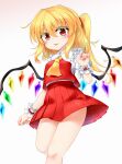  1girl ascot bangs blonde_hair blush breasts collar collared_shirt crystal eyebrows_visible_through_hair eyes_visible_through_hair fang flandre_scarlet gradient gradient_background hair_between_eyes hand_up highres jewelry looking_at_viewer marukyuu_ameya medium_breasts multicolored multicolored_wings no_hat no_headwear open_mouth pink_background ponytail puffy_short_sleeves puffy_sleeves red_eyes red_nails red_skirt red_vest shirt short_hair short_sleeves skirt smile solo standing thighs tongue touhou vest white_background white_shirt white_sleeves wings wrist_cuffs yellow_neckwear 
