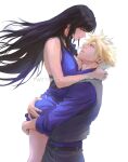  1boy 1girl bangs bare_shoulders belt black_belt black_hair blonde_hair blue_eyes blue_shirt breasts cloud_strife collared_shirt covered_nipples dress earrings final_fantasy final_fantasy_vii final_fantasy_vii_remake from_side grey_pants highres holding_person jewelry large_breasts long_hair looking_at_another pants purple_dress red_eyes shirt short_dress spiky_hair spykeee1945 tifa_lockhart twitter_username vest white_background 