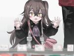  1girl bangs black_coat blurry blurry_foreground blush_stickers child coat collared_coat commentary_request crossed_bangs drooling girls_frontline hair_between_eyes hands_on_glass highres korean_commentary long_hair long_sleeves looking_down min-tami neckwear_request one_side_up open_mouth pink_bag purple_neckwear scar scar_across_eye sidelocks solo_focus twitter_username ump45_(girls&#039;_frontline) white_background yellow_eyes 