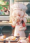  1girl :d antenna_hair apron bangs baron_bunny_(genshin_impact) blonde_hair bread chef chef_hat cooking fish-flavored_toast food genshin_impact hat highres indoors ketchup_bottle kitchen klee_(genshin_impact) knife long_hair long_sleeves mittens one_eye_closed onion open_mouth pointy_ears red_eyes rolling_pin smile solo table tree twintails window zhijianshenshi 