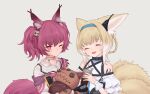 2girls absurdres animal_ear_fluff animal_ears arknights bare_shoulders black_ribbon blonde_hair blue_hairband braid burnt_clothes c-string chinese_commentary closed_eyes collarbone commentary_request cup diamond-shaped_pupils diamond_(shape) earpiece eyebrows_visible_through_hair fang fox_ears fox_girl fox_tail grey_background hair_ornament hair_ribbon hairband highres holding holding_cup holding_stuffed_toy id_card infection_monitor_(arknights) looking_at_viewer lxjun_09 multicolored_hair multiple_girls multiple_tails neck_ribbon one_eye_closed open_mouth oripathy_lesion_(arknights) pink_hair pink_ribbon ribbon shamare_(arknights) shirt short_hair simple_background skin_fang skull_hair_ornament strapless_bottom streaked_hair stuffed_toy suzuran_(arknights) symbol-shaped_pupils tail twintails upper_body white_hair white_shirt white_wrist_cuffs 