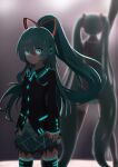  2girls absurdres aqua_hair aqua_skirt arm_up arms_at_sides bare_shoulders black_legwear black_shirt black_skirt black_sleeves blurry blurry_background braid commentary cowboy_shot detached_sleeves dual_persona expressionless french_braid from_behind glowing glowing_eyes grey_shirt hair_ornament hair_ribbon hatsune_miku hatsune_miku_(if) headphones highres long_hair long_sleeves looking_at_viewer miniskirt multiple_girls neon_trim outstretched_arm plaid plaid_skirt pleated_skirt ponytail ribbon shark_jelly shirt skirt sleeveless sleeveless_shirt spotlight stage standing striped striped_ribbon thigh-highs twintails very_long_hair vocaloid zettai_ryouiki 