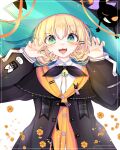  1girl absurdres belt blonde_hair blue_eyes english_commentary fangs hat highres jacket looking_at_viewer millie_parfait misuka nijisanji nijisanji_en open_mouth paw_pose short_hair solo twitter_username virtual_youtuber white_background witch_hat 