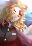  1boy absurdres black_jacket blonde_hair blood blood_from_mouth blood_on_face cape closed_eyes closed_mouth floating_hair highres honmou_(pixiv64700875) jacket kimetsu_no_yaiba long_hair male_focus multicolored_hair redhead rengoku_kyoujurou solo two-tone_hair upper_body white_cape 