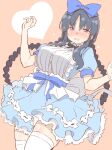  1girl alice_(alice_in_wonderland) alice_(alice_in_wonderland)_(cosplay) alice_in_wonderland apron assault_lily bangs black_hair blue_dress blush bow braid cosplay crying crying_with_eyes_open dress embarrassed frills hair_bow highres open_mouth shirai_yuyu simple_background solo tanin050 tears thigh-highs twin_braids violet_eyes white_legwear zettai_ryouiki 