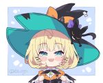  1girl aqua_eyes bangs blonde_hair cardigan commentary english_commentary eyebrows_visible_through_hair hair_ornament hairclip hat kukie-nyan looking_at_viewer lucie_(millie_parfait) millie_parfait nijisanji nijisanji_en orange_cardigan short_hair solo twitter_username virtual_youtuber witch_hat 