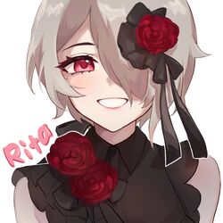  1girl bangs black_shirt brown_hair character_name close-up flower grin hair_flower hair_ornament hair_over_one_eye highres honkai_(series) honkai_impact_3rd lipstick looking_at_viewer makeup mole mole_under_eye open_mouth purple_flower purple_rose rita_rossweisse ritasuki rose shirt short_hair simple_background sleeveless sleeveless_shirt smile solo teeth violet_eyes white_background 