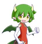  1girl china_dress chinese_clothes draco_centauros dragon_girl dragon_horns dragon_tail dragon_wings dress elbow_gloves eyebrows_visible_through_hair fang gloves green_hair horns looking_at_viewer open_mouth pointy_ears puyopuyo red_dress short_hair smile solo tail takazaki_piko white_gloves wings yellow_eyes 