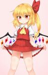  1girl ascot bangs blonde_hair blush bow closed_mouth collar collared_shirt crystal eyebrows_visible_through_hair eyes_visible_through_hair flandre_scarlet hair_between_eyes hair_bow highres jewelry looking_down marukyuu_ameya multicolored multicolored_wings no_hat no_headwear one_side_up pink_background pink_nails puffy_short_sleeves puffy_sleeves red_bow red_eyes red_skirt red_vest shirt short_hair short_sleeves simple_background skirt solo standing thighs touhou vest white_shirt white_sleeves wings wrist_cuffs yellow_neckwear 