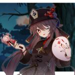  +_+ 1girl :p bangs black_headwear blurry blurry_background branch brown_hair chinese_clothes flower genshin_impact ghost hair_between_eyes hat holding holding_flower hu_tao_(genshin_impact) jewelry long_hair long_sleeves looking_at_viewer night night_sky one_eye_closed outdoors red_eyes red_flower ring sasorin sky solo tongue tongue_out tree twintails 
