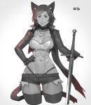  1girl abs absurdres animal_ears breasts cat_ears cat_girl cat_tail cowboy_shot eyebrows_visible_through_hair gloves greyscale highres less long_sleeves looking_at_viewer medium_breasts monochrome navel original short_hair short_shorts shorts smile solo standing sword tail thigh-highs weapon 