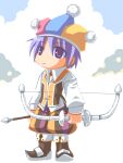  1boy arrow_(projectile) baggy_pants bangs blue_headwear boots bow bow_(weapon) brown_footwear brown_pants brown_vest chibi closed_mouth clown_(ragnarok_online) collared_shirt commentary_request expressionless eyebrows_visible_through_hair eyes_visible_through_hair full_body hair_between_eyes hat holding holding_arrow holding_bow_(weapon) holding_weapon jester_cap looking_at_viewer male_focus multicolored multicolored_clothes multicolored_headwear pants pink_headwear ragnarok_online sakakura_(sariri) shirt short_hair solo standing vest violet_eyes weapon white_background white_shirt yellow_bow 