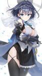  1girl black_gloves blue_eyes blue_hair bow breasts cape crossed_arms earrings eso_(toory) gloves head_chain highres hololive hololive_english jewelry large_breasts mechanical_halo ouro_kronii petals skirt striped striped_skirt thigh-highs virtual_youtuber white_background 