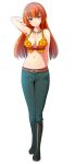  1girl absurdres belt boots breasts brown_eyes closed_mouth highres joy_(shenmue) kayama_kenji long_hair looking_at_viewer midriff navel orange_hair shenmue shenmue_ii simple_background smile solo white_background 