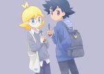  2boys akasaka_(qv92612) ash_ketchum backpack bag bangs black_hair blonde_hair bubble_tea clemont_(pokemon) closed_mouth collared_shirt commentary_request cup drinking_straw grey_background holding holding_cup hood hooded_jacket jacket long_sleeves looking_at_viewer looking_back male_focus multiple_boys pants pikachu poke_ball_print pokemon pokemon_(anime) pokemon_xy_(anime) shirt short_hair sweater violet_eyes white_shirt 