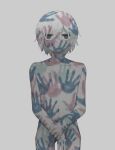  1boy absurdres avogado6 blue_eyes bodypaint closed_mouth commentary_request completely_nude cowboy_shot hand_print highres holding_own_wrist jitome looking_at_viewer male_focus naked_paint navel nude original pale_skin simple_background solo standing white_background white_hair 