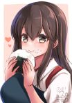  1girl absurdres akagi_(kancolle) brown_eyes brown_hair eating food food_on_face heart highres holding holding_food japanese_clothes kantai_collection long_hair mashiro_yukiya muneate onigiri rice rice_on_face solo straight_hair tasuki upper_body 