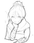  1girl apex_legends bored gloves greyscale hair_behind_ear hair_bun hand_on_own_cheek hand_on_own_face highres looking_to_the_side monochrome niyamu pout sitting sketch solo white_background wraith_(apex_legends) 