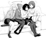 4girls :d arm_grab arrow_(symbol) bangs betock bob_cut breasts buttons closed_eyes couch drooling eyebrows_visible_through_hair hand_on_knees highres knees_to_chest knees_up leaning_on_person long_hair medium_hair monochrome multiple_girls one_eye_closed open_mouth original pantyhose ponytail school_uniform sitting skirt sleeping sleeping_on_person small_breasts smile socks sweatdrop sweater thigh-highs zettai_ryouiki 