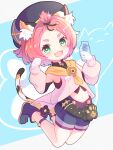  1girl animal_ear_fluff animal_ears arms_up belt black_headwear blue_footwear blue_shorts boots cat_ears cat_girl cat_tail detached_sleeves diona_(genshin_impact) eyebrows fang forehead full_body genshin_impact green_eyes hat highres jumping legs_up navel open_mouth paw_pose pink_hair pink_shirt pink_sleeves shikinexion shirt short_hair shorts smile solo tail topknot 
