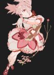  1girl ballerina black_background bow_(weapon) bubble_skirt choker collarbone gloves gong_(mgong520) hair_between_eyes highres holding holding_weapon kaname_madoka looking_at_viewer magical_girl mahou_shoujo_madoka_magica pink_eyes pink_hair puffy_short_sleeves puffy_sleeves short_sleeves short_twintails skirt solo twintails weapon white_gloves white_legwear 